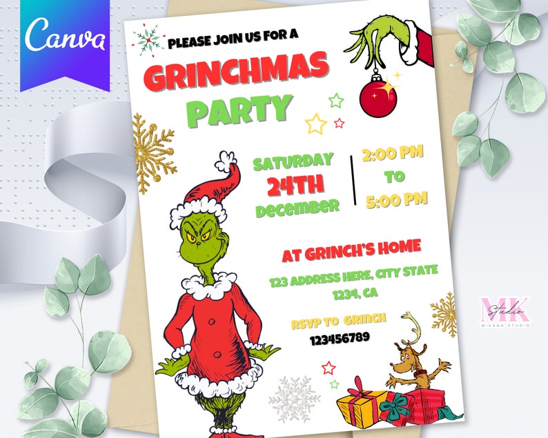 Grinch Party Invitation Template Christmas Party Invitation Christmas ...