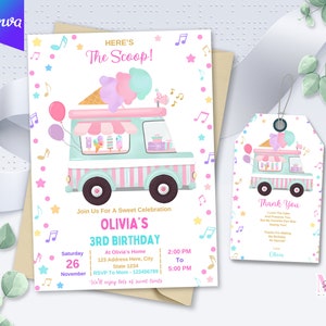 Editable Ice Cream Truck Invitation Birthday, Ice Cream Truck Electronic, Sweet One Two Three Scoops of Fun Summer Sprinkle Baby Girl
