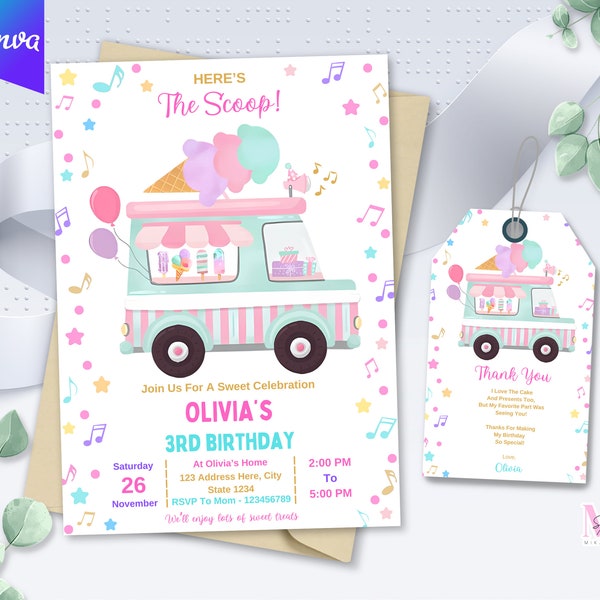 Editable Ice Cream Truck Invitation Birthday, Ice Cream Truck Electronic, Sweet One Two Three Scoops of Fun Summer Sprinkle Baby Girl