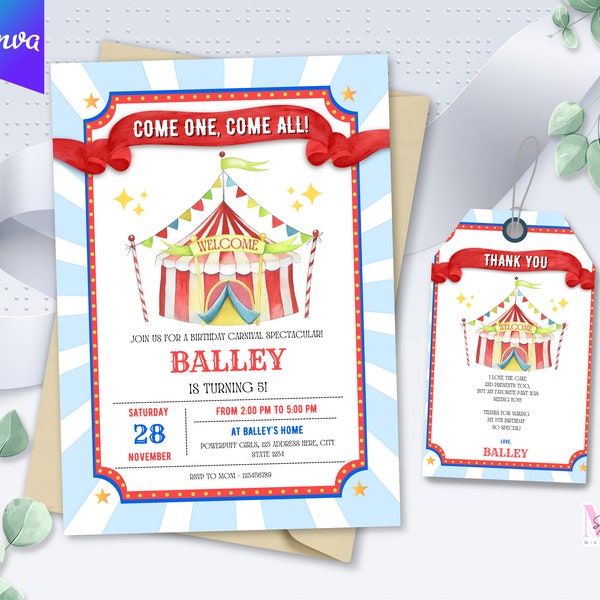 Faire-part d'anniversaire carnaval, faire-part d'anniversaire cirque, faire-part carnaval, carte de remerciement carnaval cirque, téléchargement immédiat, toile 5 x 7