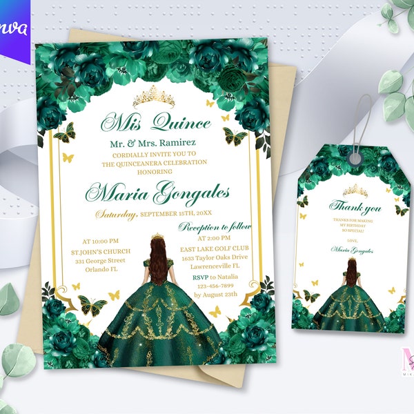 Editable Mis Quince Emerald Green & White Birthday Invitation, Emerald Green Quinceanera Invitation, Instant Download, Printable Invitation