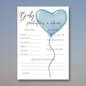 Blauwe hartballon voorspelling babykaart, advies voor ouders, babyshower, babyjongen, babyshowergames, babyshower jongen, INSTANT DOWNLOAD