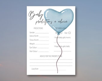 Blue Heart Balloon Baby Predictions Card, Advice for Parents, Baby Shower, Baby Boy, Baby Shower Games, Boy Baby Shower, INSTANT DOWNLOAD