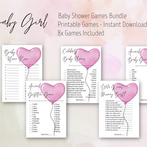 Pink Heart Balloon Baby Shower Games, Baby Shower Game Bundle, Minimalist Baby Shower, Pink Baby Shower, Printable Games, INSTANT DOWNLOAD