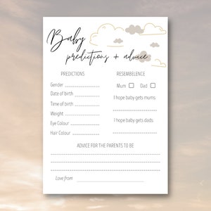 Neutrale wolken babyvoorspellingskaart, advies voor ouders, babyshower, genderneutraal, babyshowerspellen, babyadvies, INSTANT DOWNLOAD