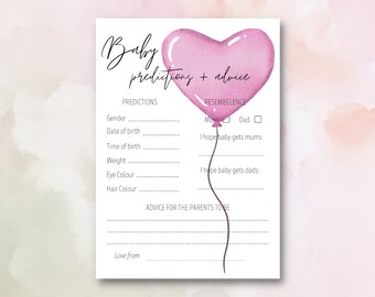 Pink Heart Balloon Baby Predictions Card, Advice for Parents, Baby Shower, Baby Girl, Baby Shower Games, Girl Baby Shower, INSTANT DOWNLOAD