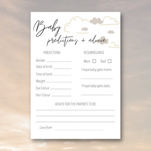 Biglietto con consigli e previsioni per future mamme, Baby shower "Nuvole Neutre", Stampabili per Baby Shower, Genere Neutro, Giochi per Baby Shower, DOWNLOAD IMMEDIATO