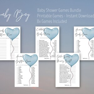 Blue Heart Balloon Baby Shower Games, Baby Shower Game Bundle, Minimalist Baby Shower, Boy Baby Shower, Printable Games, INSTANT DOWNLOAD