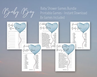 Blue Heart Balloon Baby Shower Games, Baby Shower Game Bundle, Minimalist Baby Shower, Boy Baby Shower, Printable Games, INSTANT DOWNLOAD