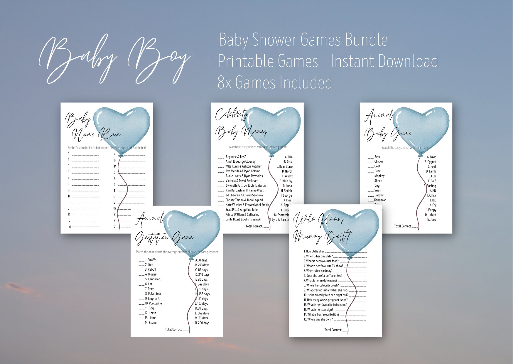 Blue Heart Balloon Baby Shower Games, Baby Shower Game Bundle