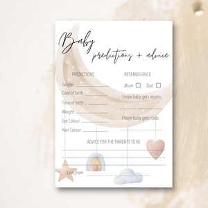 Carte de prédictions neutres lune et étoiles pour bébé, conseils aux parents, baby shower, sexe neutre, jeux baby shower, téléchargement immédiat