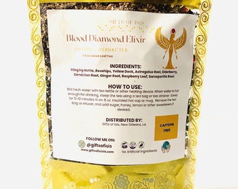 Elixir de Diamante de Sangre: Infusión de hierbas con hojas de frambuesa, escaramujo y raíz de zarzaparrilla.