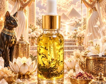 May include: A clear glass dropper bottle filled with golden oil and botanical herbs, featuring a gold collar and white dropper top. The bottle is surrounded by gold bowls, white lotus flowers, a black cat statue, and an ankh symbol.