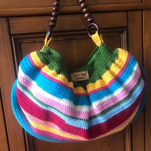 KNIT YARN TOTE,Large Knitted Beach Tote,Multicolor Large Summer Purse,Colorful Striped Yarn Tote Bag,Knitted Large Summer Handbag For Women