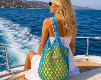 BLUE CROCHET TOTE  Bag, Handmade Large  Mesh Beach Bag, Knitting Oversized Net Summer Shoulder Bag