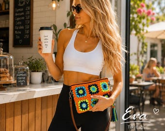 COTTON KNIT CLUTCH Bag, Granny Square Colorful Crochet Shoulder Bag, Handmade Bohemian Summer Purse