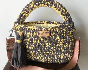 HANDMADE CROCHET SHOULDER Bag, Yellow & Grey Boho Crossbody Purse, Handknit Crochet Cotton Yarn Bag, Colorful Cotton Yarn Knit Shoulder Bag