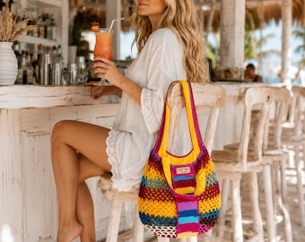 COLORFUL CROCHET BOHO Shoulder  Bag, Handmade Hobo Summer Purse, Chunky Knitting  Beach Tote Bag