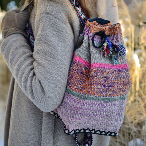 Petit sac à dos, sac en laine de mouton rose et beige, fabriqué au Pérou, sac à dos unique, sac en laine, grand sac à dos bohème n°383