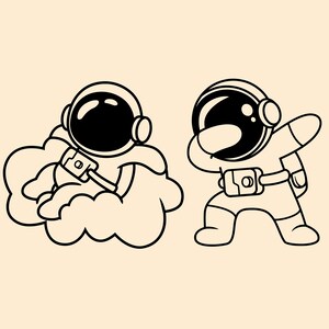 K&ouml;nnte beinhalten: Zwei Schwarzwei&szlig;-Zeichnungen von Astronauten. Ein Astronaut schwebt in einer Wolke und der andere macht den Dab.