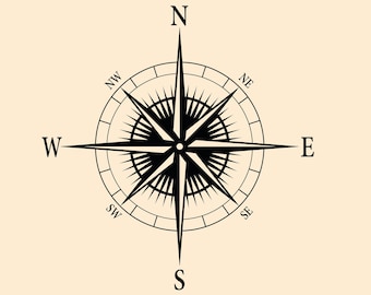 May include: A black and white compass with the cardinal directions N, S, E, and W, as well as the intermediate directions NE, NW, SE, and SW.
