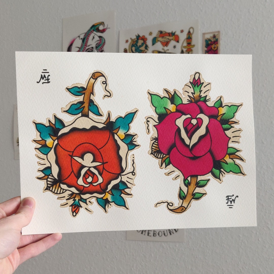 American Traditional Flash Sheet Double Roses Original - Etsy