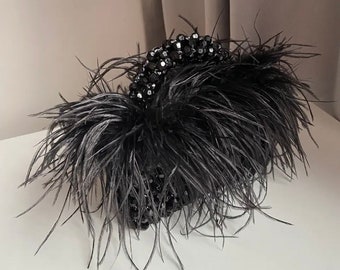 Luxury Bead Bag with Ostrich Feather Fur/ Acrylic Crystal/ Mini/ Designer/ Christmas/ Birthday/ New Years/ Party Purse Bag