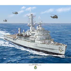 May include: A gray and white warship with the number "L10" on the side, sailing on a blue ocean with three helicopters flying overhead.