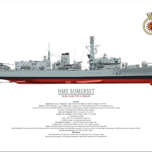 Puede incluir: Una ilustración de perfil lateral del HMS Somerset, una fragata de clase Duke de tipo 23, en gris y rojo con un helicóptero en cubierta. El nombre del barco y su clase están etiquetados debajo de la imagen. El número de insignia del barco, F82, es visible en el costado del barco.