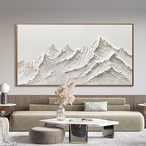 Original 3D Gemälde Weißer Berg auf Leinwand Wabi Sabi Wandkunst im Gips-Stil