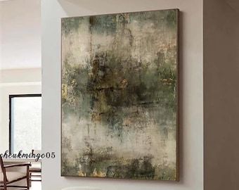 Large Beige & Green Texture Painting, Minimalist Wabi Sabi Wall Art