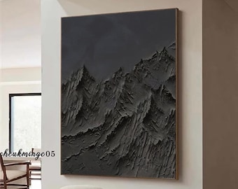 Original Black Wall Art Mountain Painting Black 3D Texture Mountain Painting Black Minimalist Plaster Painting on Canvas Wabi Sabi Wall Art