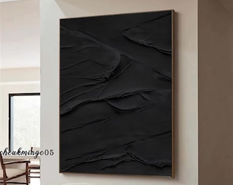 Pintura abstracta minimalista negra sobre lienzo, textura de yeso 3D