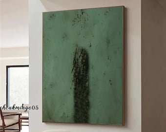 Arte de pared con textura verde y negra sobre lienzo, pintura minimalista grande, arte de pared negro, arte de pared Wabi Sabi, pintura negra para sala de estar