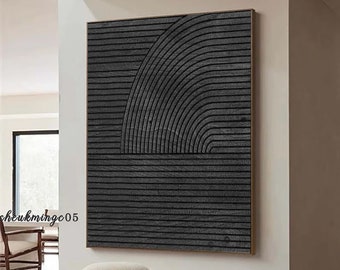 Pintura abstracta minimalista en yeso negro sobre lienzo, arte mural texturizado de gran tamaño