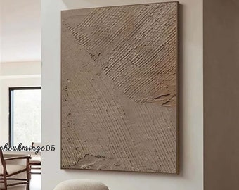 Pintura minimalista marrón con textura, gran arte mural de yeso