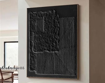 Pintura negra texturizada en 3D, arte mural minimalista Wabi Sabi