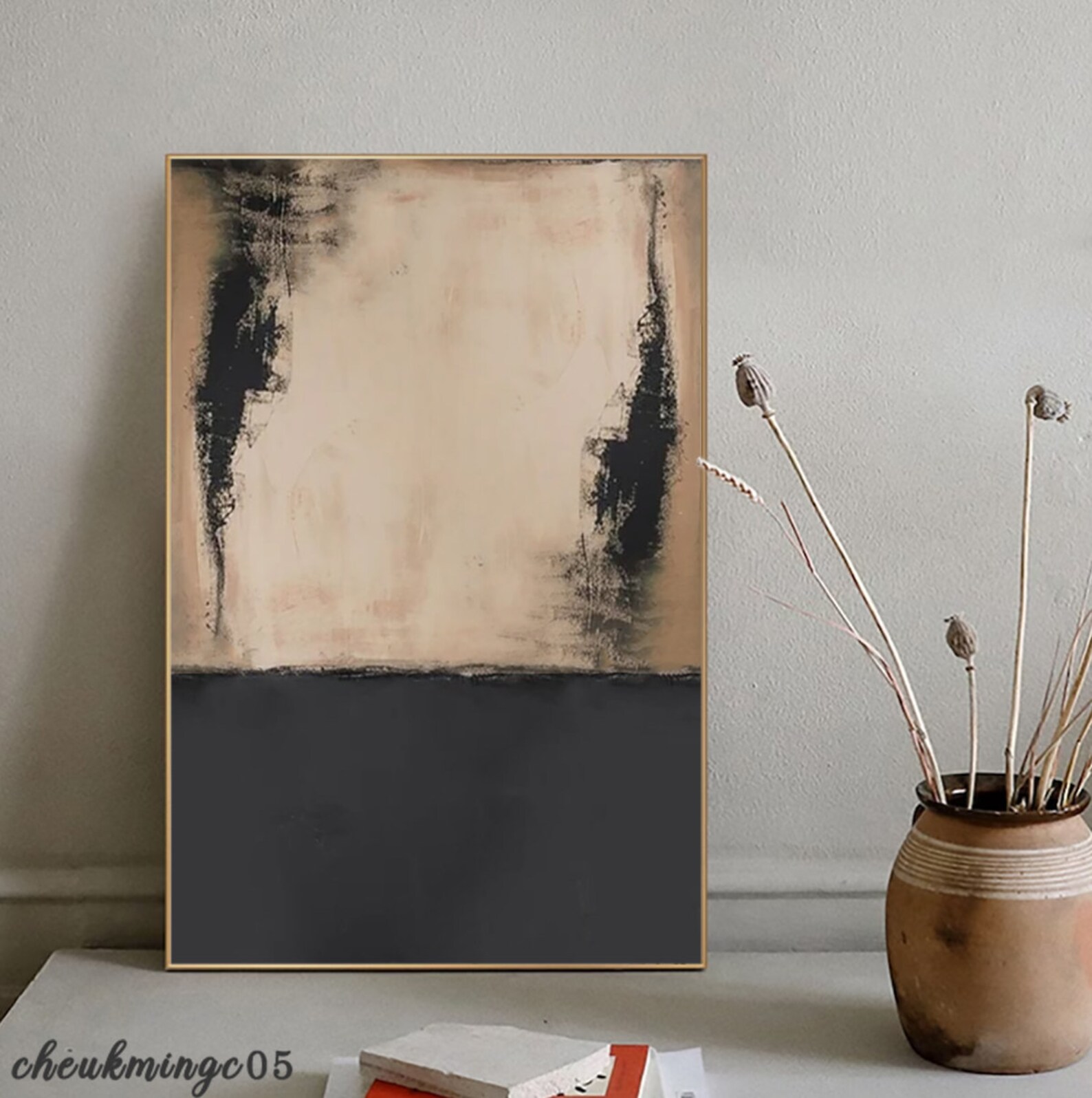 Large Beige and Black Abstract Painting, Textured Minimalist Canvas Art ...