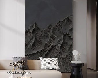 Textured Black Mountain Painting, 3D Plaster Wall Art, Wabi Sabi
