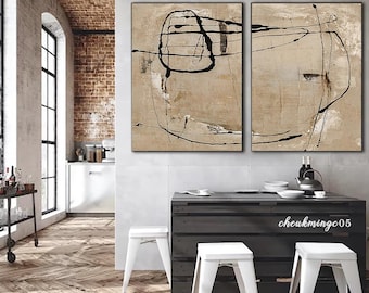 Beige and Black Minimalist Painting on Canvas Set of 2 Wabi Sabi Wall Art Textured Abstract Painting Set of 2 Neutral Beige Painting