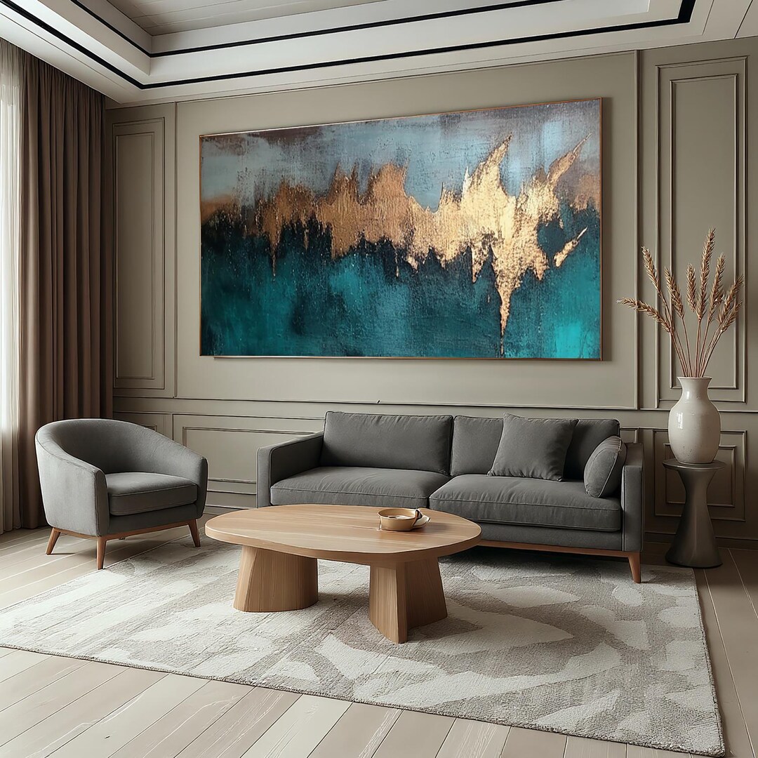 Large Gold & Green Abstract Oil Painting on Canvas, Handmade Modern ...