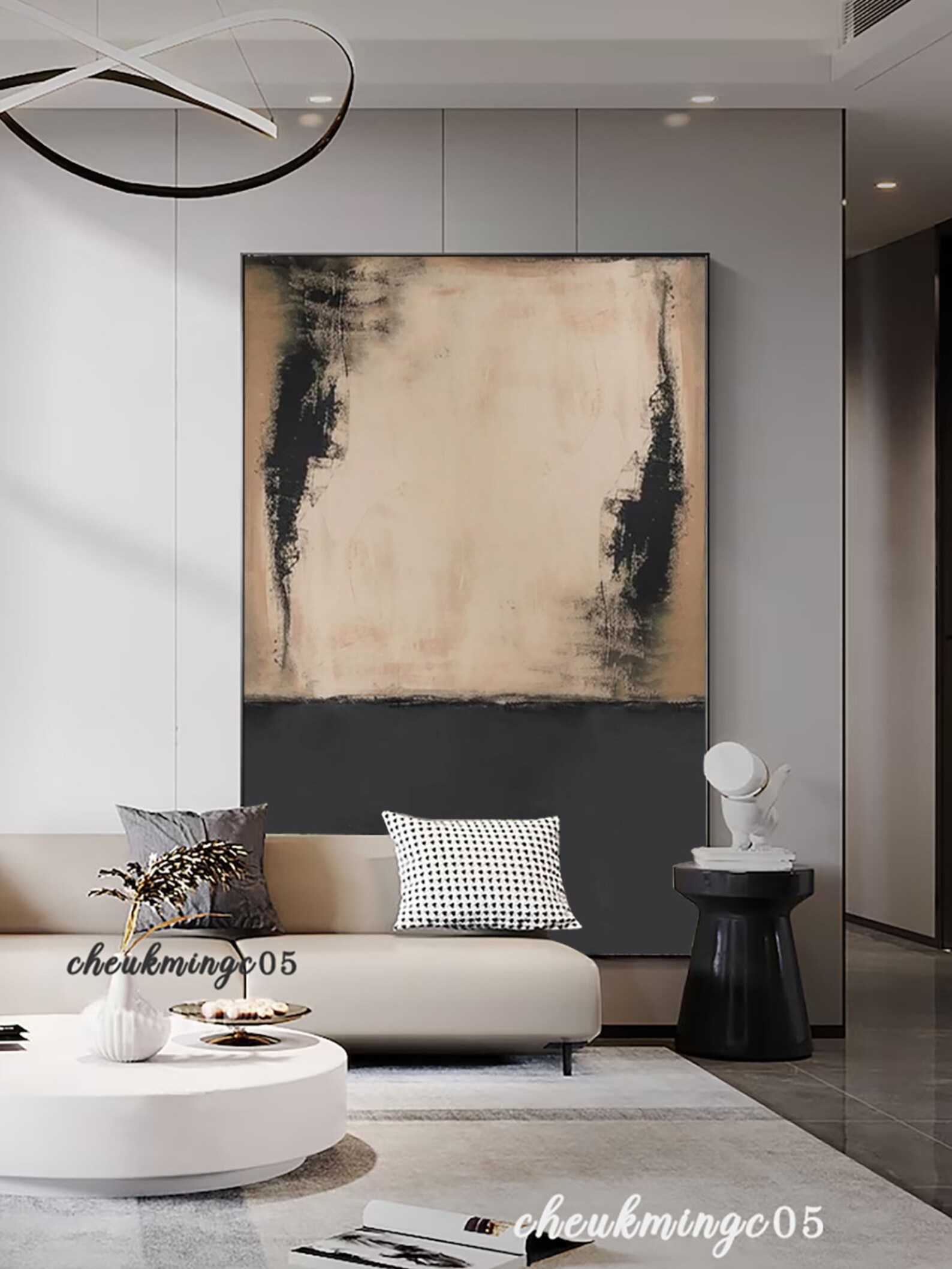 Large Beige and Black Abstract Painting, Textured Minimalist Canvas Art ...