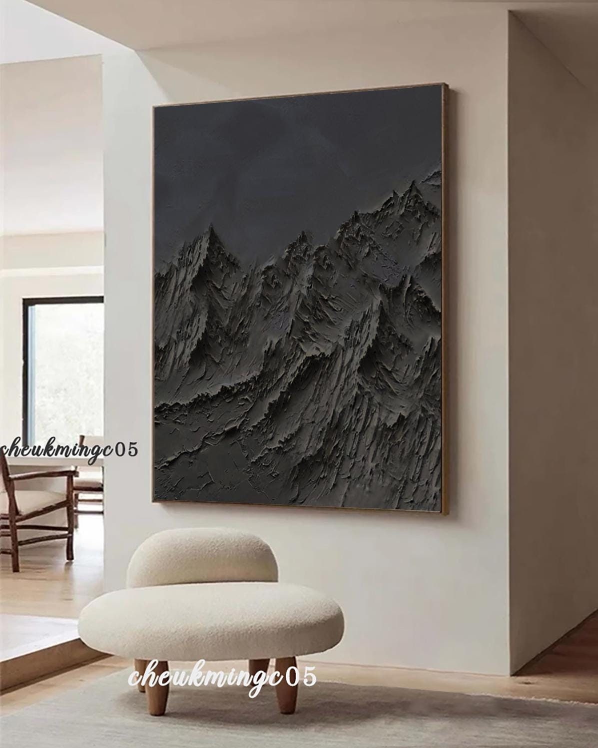Original Black Wall Art Mountain Painting Black 3D Texture