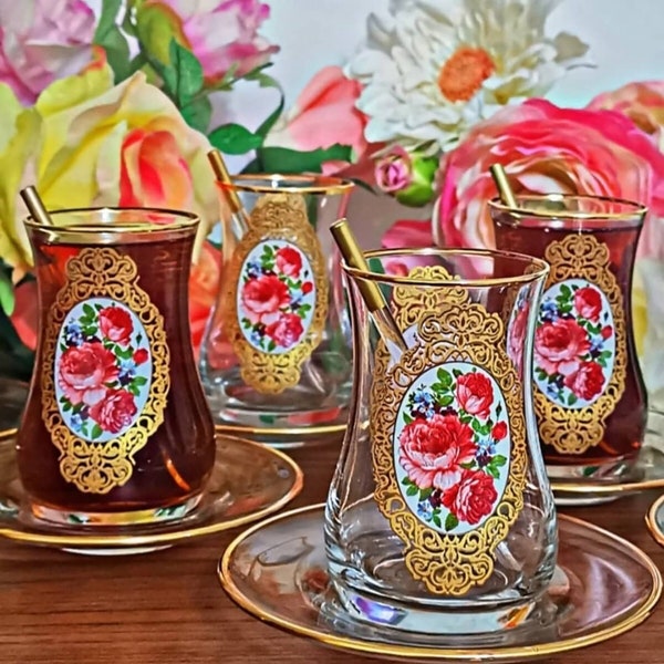 Gold Rimmed Rose Patterned Turkish Tea Glass Cup Set of 6- Perfect Valentine's Day Vintage Style Gift for Wife | Handcraft Retro Tea Set 6