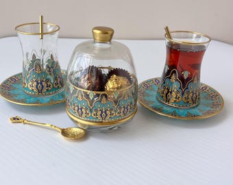 Handgefertigtes Teetassen-Set mit Zuckerdose | Türkisches Teeglas-Set | Authentisches Teeglas-Set Geschenk für Teeliebhaber |