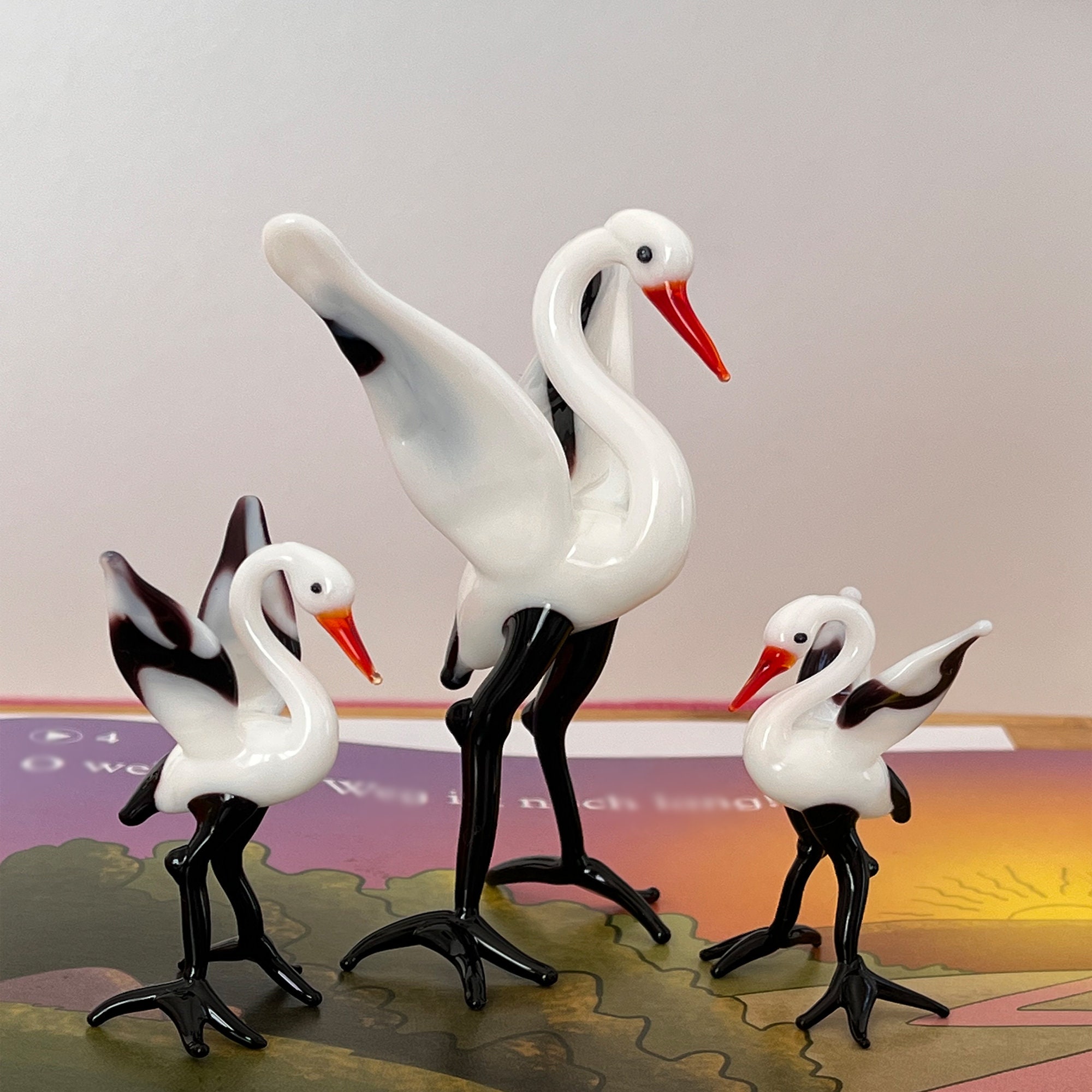 Murano Glass White Stork Family Figurine Set of 3 Home Display Cabinet Decor | Miniature Glass Collectible Jabiru Bird Figure Office Decor|
