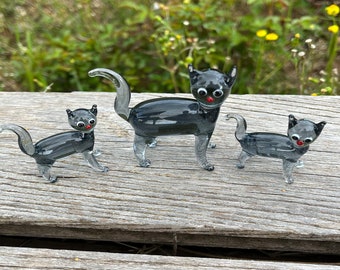 Blown Glass Miniature Gray Cat and Kitten Figurines Set of 3 Knick Knacks for Office Desk Decor Gift for Mom, Dad, Best Friend, Coworker