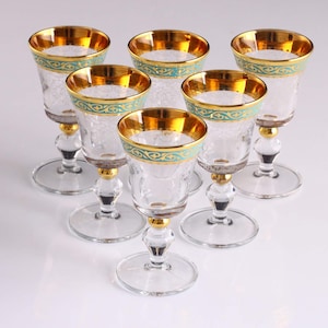 Vintage Style Cordial Glasses - Handcrafted Tequila Glasses - Set of 6- Old Fashioned Shot Liqueur Glasses - Gold Rimmed Stemware