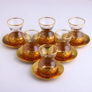 Luxury Gold Arabic Tea Set for 6 Person | Honeycomb Tea Glasses Wedding Gift, Tea Party Decor, Middle East Fancy Glassware Gift for Women