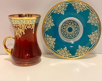 Hand Painted Turkish Tea Glass with Handle and Saucer 12 pcs | Authentic Vintage Glass Tea Cup Set Gift for Mother’s Day | Nostalgic Tea Cup